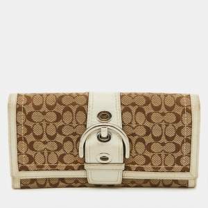 Coach Beige/White Signature Canvas and Leather Buckle Detail Continental Wallet