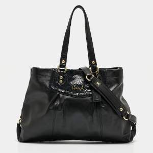 Coach Black Leather and Snakeskin Embossed Leather Ashley Tote