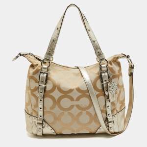 Coach Beige/Gold Op Art Signature Canvas and Leather Alexandra Satchel