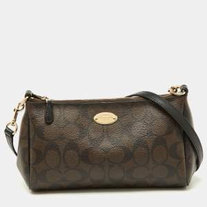 Coach Brown/Black Signature Coated Canvas and Leather Zip Crossbody Bag