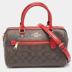 Pre Owned Coach Red/Brown Signature Coated Canvas and Leather Rowan Boston Bag