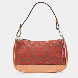 Coach Red/Beige Signature Canvas and Leather Pochette Bag