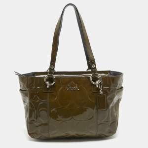 Coach Olive Green Op Art Embossed Patent Leather East West Gallery Tote