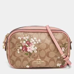Coach Pink/Beige Signature Coated Canvas and Leather Isla Chain Crossbody Bag
