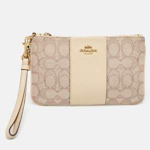 Coach Beige Signature canvas and Leather Wristlet Zip Pouch