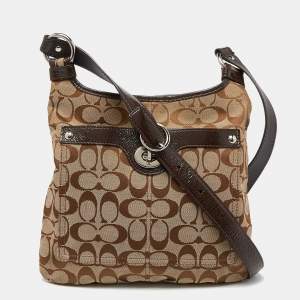 Coach Brown/Beige Signature Canvas and Patent Leather Crossbody Bag