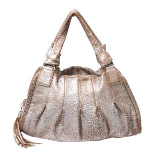 Cole Haan Metallic Beige Pleated Leather Tassel Hobo