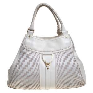 Cole Haan White checkered Fabric and Leather Triangle Tote 