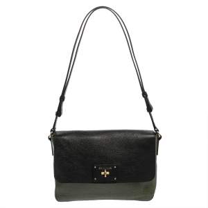 Cole Haan Green/Black Leather and Croc Embossed Leather Flap Shoulder Bag