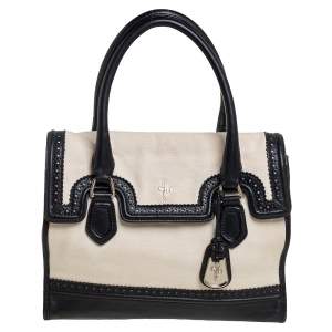 Cole Haan Cream/Black Canvas And Wingtip Leather Flap Brooke Tote 