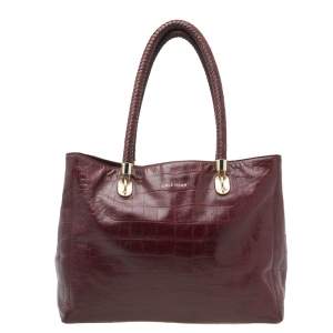 Cole Haan Burgundy Croc Embossed Leather Braided Handle Tote