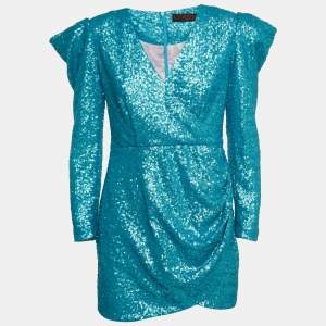 Collini Blue Sequin Draped Long Sleeve Mini Dress S