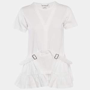 Comme des Garcons White Cotton and Cotton Knit Belt Detail Ruffled Top M
