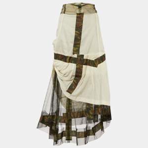 Comme des Garçons Cream Cotton & Military Printed Trim Detail Midi Skirt M