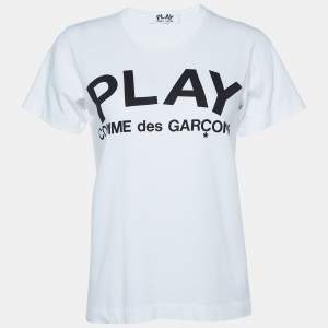 Comme Des Garcons Play White Logo Print Cotton Crew Neck T-Shirt L