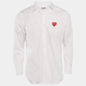 Pre Owned Comme des Garcons White Red Heart Applique Cotton Shirt S