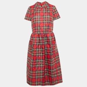 Pre Owned Comme des Garçons Red Tartan Synthetic Quilted Midi Dress M