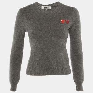 Pre Owned Comme des Garcons Play Grey Double Heart Wool V-Neck Sweater XS