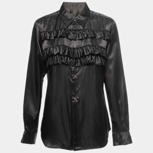 Pre Owned Comme des Garcons Black Satin Ruffled Button Front Shirt L