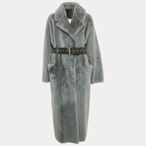 Pre Owned Common Leisure Blue Shearling and Leather Belted Coat S