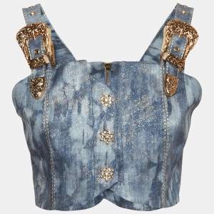Pre Owned Copurs Blue Tencel Belt Detail Crop Top M