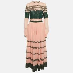 Pre Owned Costarellos Light Pink Chiffon & Lace Maxi Dress L