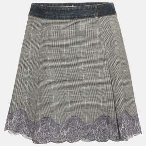 مملوكة مسبقًا D&G Blue/Monochrome Plaid Denim Lace Detail Wrap Skirt S