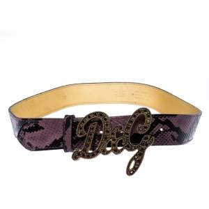 Pre Owned D&G Purple Snake Embossed Leather Crystal Embellished Logo Buckle Belt Size 90