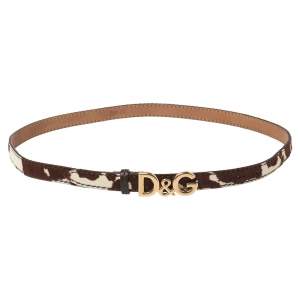 D&G Brown/White Cow Print Calfhair and Leather Logo Belt 100CM