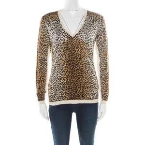 D&G Multicolor Animal Printed Silk Jersey V-Neck Sweater M