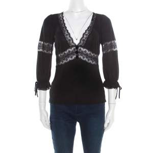 D&G Black Knit Lace Insert Detail Plunge Neck Top S