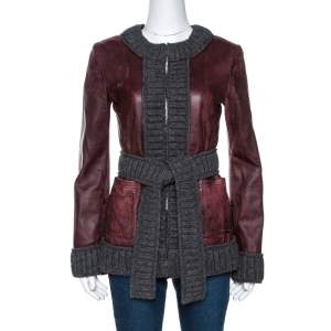 D & G Burgundy Lamb Leather Rib Knit Trim Jacket M