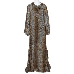 D&G Brown Animal Print Cotton Ruffled Maxi Tunic Dress S