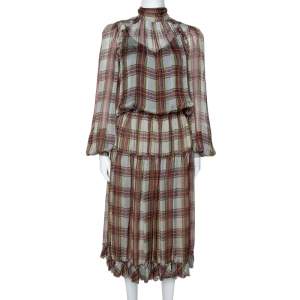 D&G Grey Plaid Print Silk Ruffled Midi Dress M