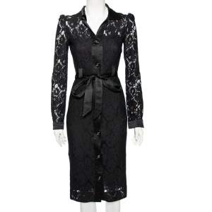 D&G Black Lace And Satin Trim Button Down Belted Midi Dress S