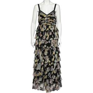D&G Black Floral Print Silk Crepe Tiered Maxi Dress L
