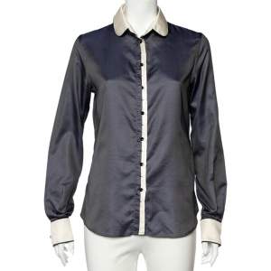 D&G Navy Blue Textured Silk Blend Contrast Trim Shirt M