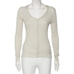 D&G Silver Lurex Knit Braided Trim Button Front Cardigan M