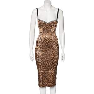 D&G Brown Animal Printed Textured Cotton Sleeveless Sheath Dress S