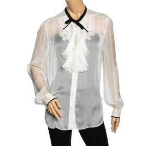 Pre Owned D&G White Silk Ruffle Front Top L