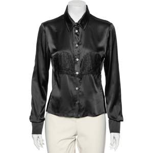 Pre Owned D&G Black Silk Lace Trimmed Button Front Shirt L 