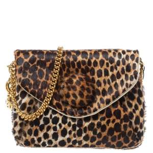 D&G Brown Leopard Print Calfhair Flap DG Charm Chain Shoulder Bag
