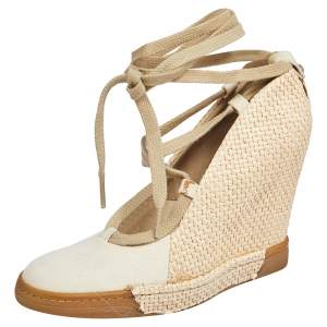 D&G Beige Canvas And Raffia Wedge Ankle Wraps Pumps Size 38