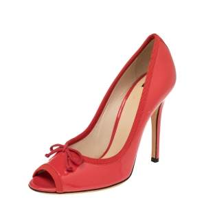 D&G Red Patent Leather and Fabric Bow Peep Toe Pumps Size 39
