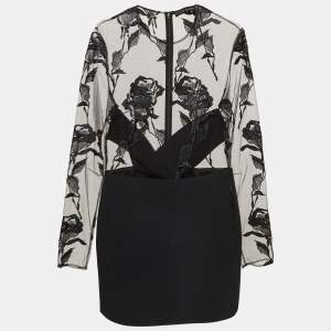 David Koma Black Rose Embroidered Tulle and Crepe Mini Dress L