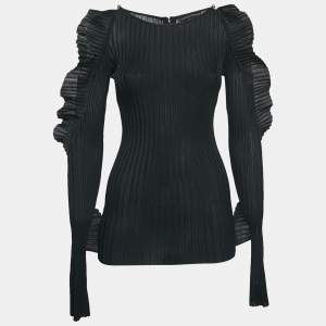 David Koma Black Rib Knit Ruffled Sleeve Bodycon Mini Dress S