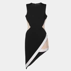 David Koma Black/Beige Stretch Satin Asymmetric Dress L