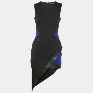 David Koma Black Jersey Panel Detail Leather Trimmed Asymmetric Dress L