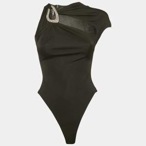 مملوكة مسبقًا David Koma Black Crystal Buckle Jersey Cut-Out Bodysuit XS