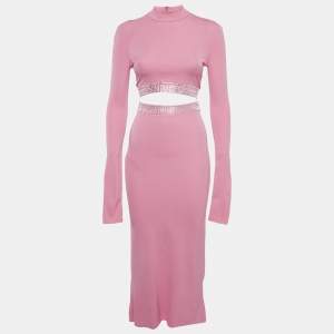 Pre Owned David Koma Pink Crystal Embellished Jersey Top and Skirt Set XS